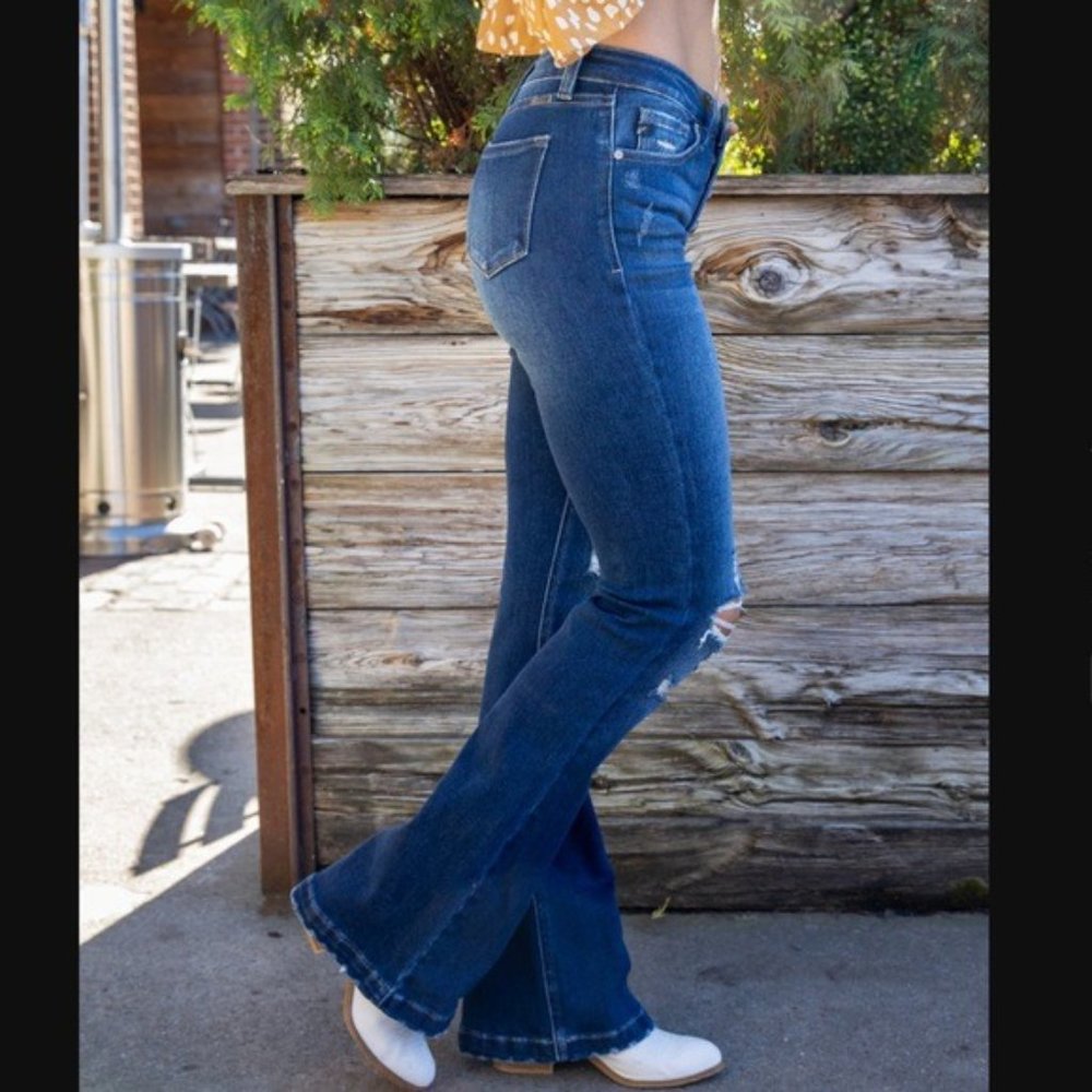 New KanCan Distressed Button Fly Flare Leg Jeans Dark Wash - Picture 5 of 5